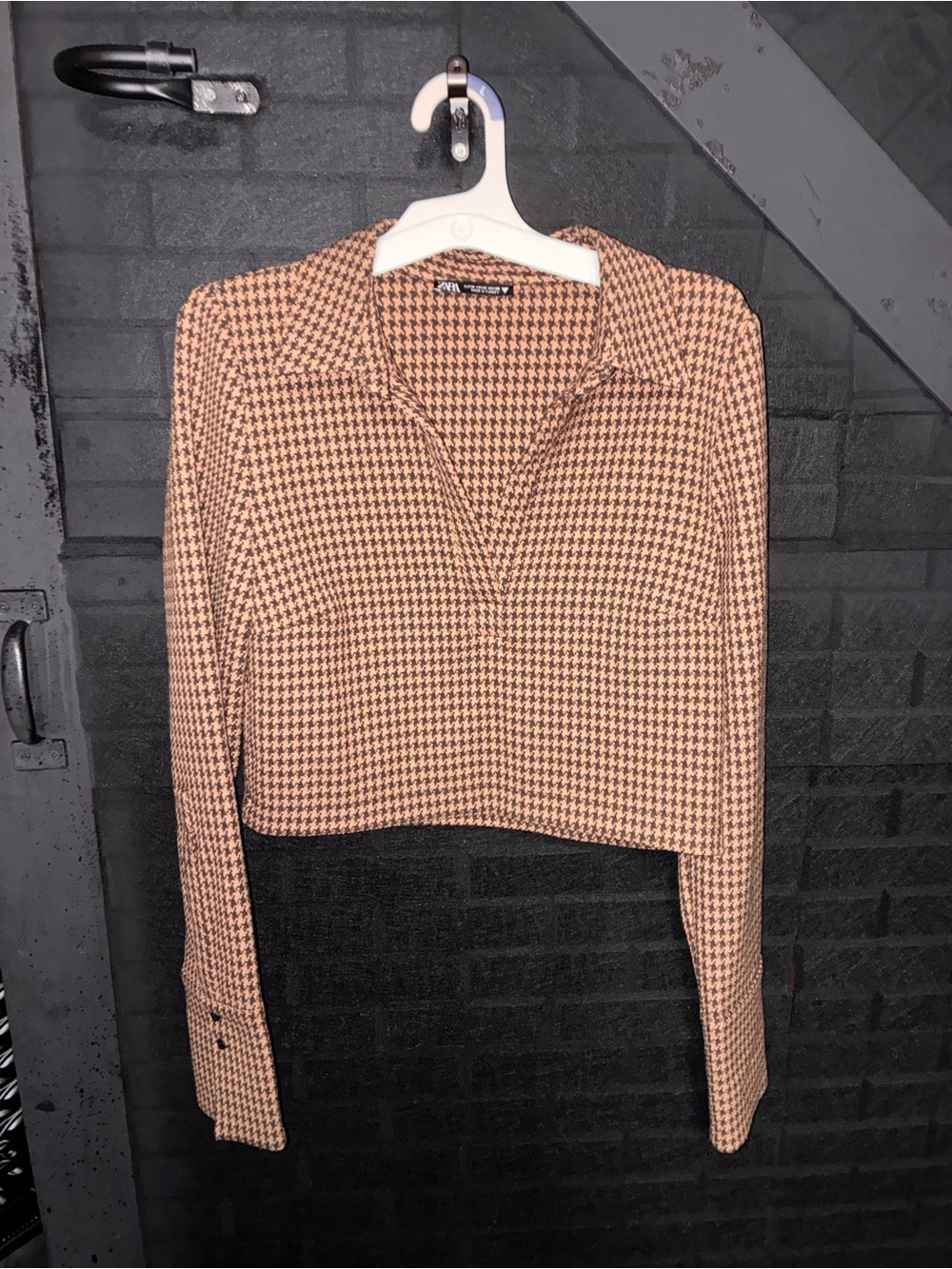 Zara Cropped Houndstooth Collared Top - Brown/Black